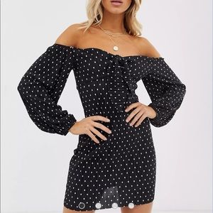ASOS black & white polka dot off the shoulder dress with front tie